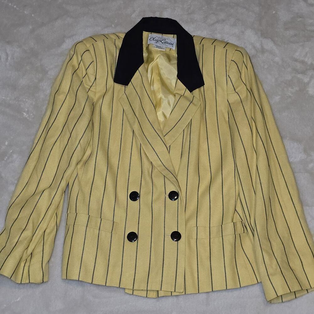 Vintage Oleg Cassini Yellow Pinstripe Blazer Size 10 Double Breasted 80s 90s